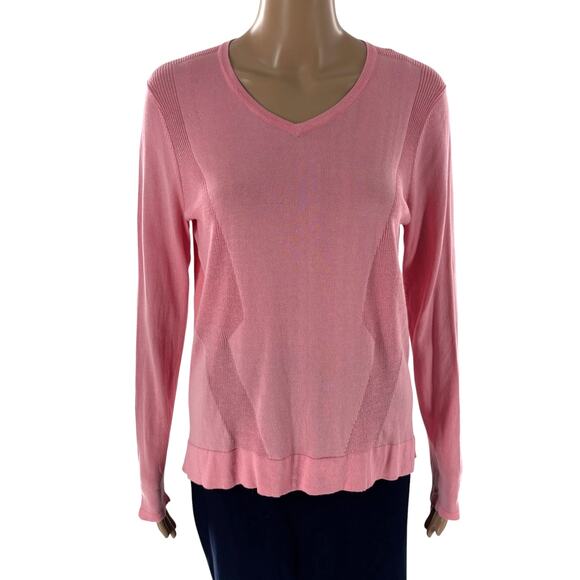 J. McLaughlin Pink V-Neck Long Sleeve Lightweight Cotton Pullover Sweater - Picture 2 of 8